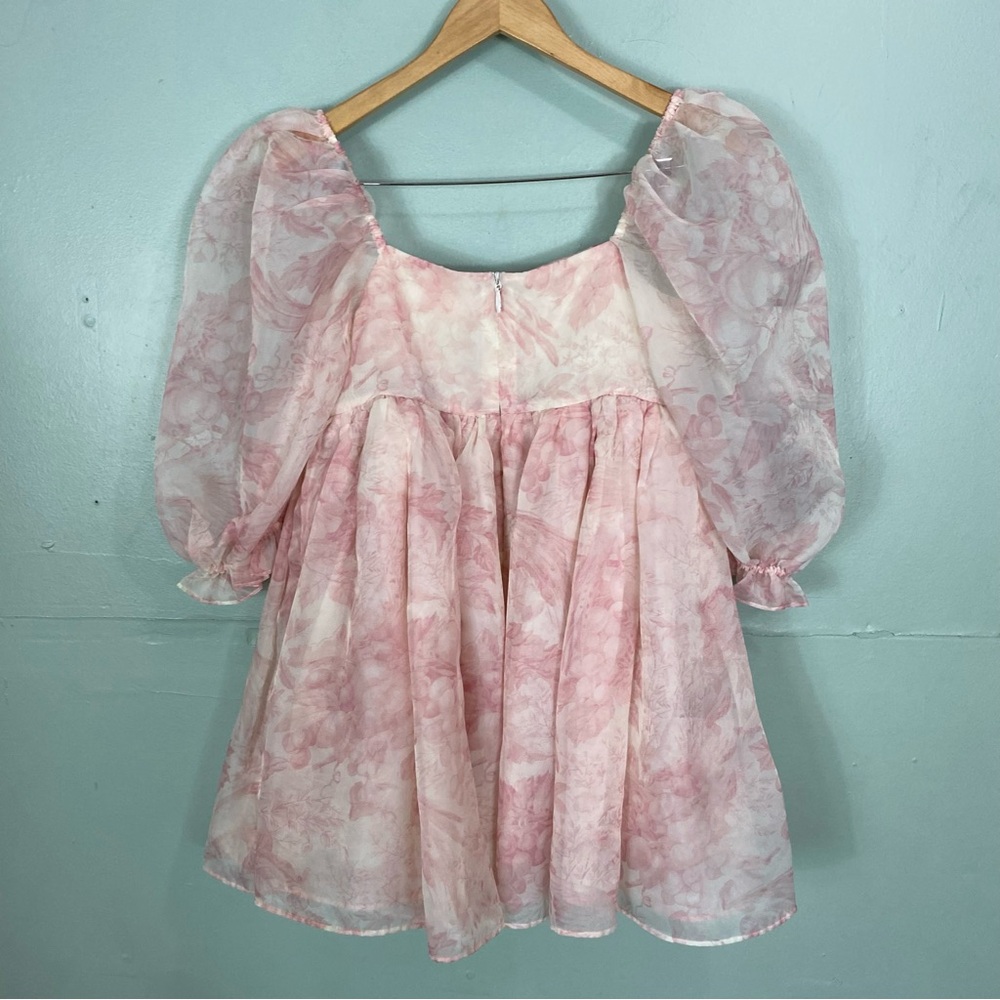 Selkie Puff Sleeve Organza Mini Babydoll Dress Pink Floral Medium - Picture 8 of 10